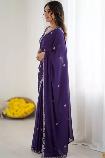 Purple ethnic motifs embroidered  georgette designer saree