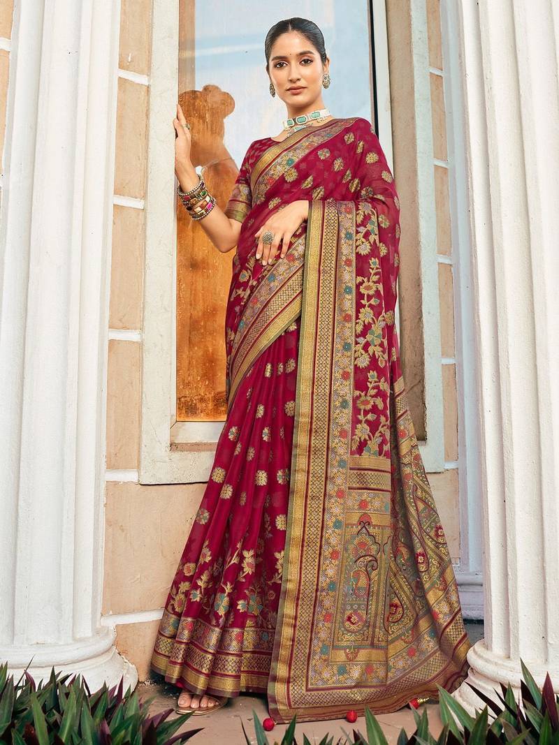 Burgundy floral poly georgette designer saree