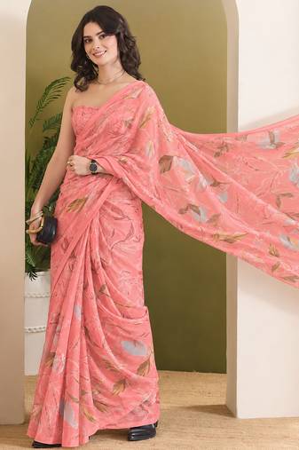 Peach abstract printed pure georgette ready to wear saree