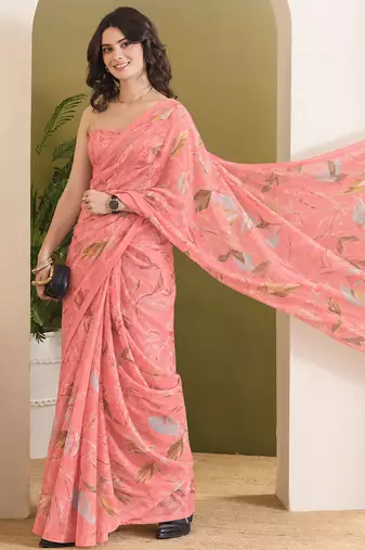 Peach abstract printed pure georgette ready to wear saree