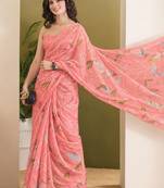 Peach abstract printed pure georgette ready to wear saree