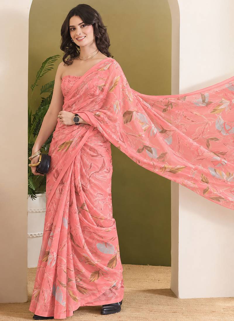 Peach abstract printed pure georgette ready to wear saree