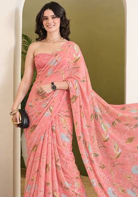 Peach abstract printed pure georgette ready to wear saree 3