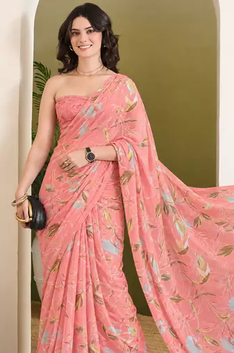 Peach abstract printed pure georgette ready to wear saree