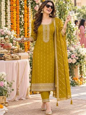 women ethnic motifs embroidered regular sequinned kurta with trousers & with dupatta 1