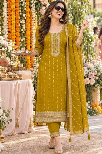 women ethnic motifs embroidered regular sequinned kurta with trousers & with dupatta