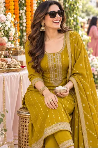 women ethnic motifs embroidered regular sequinned kurta with trousers & with dupatta