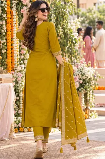 women ethnic motifs embroidered regular sequinned kurta with trousers & with dupatta