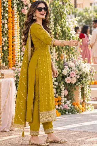 women ethnic motifs embroidered regular sequinned kurta with trousers & with dupatta