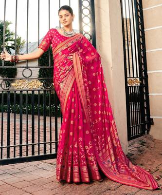 Pink floral zari poly georgette saree 1