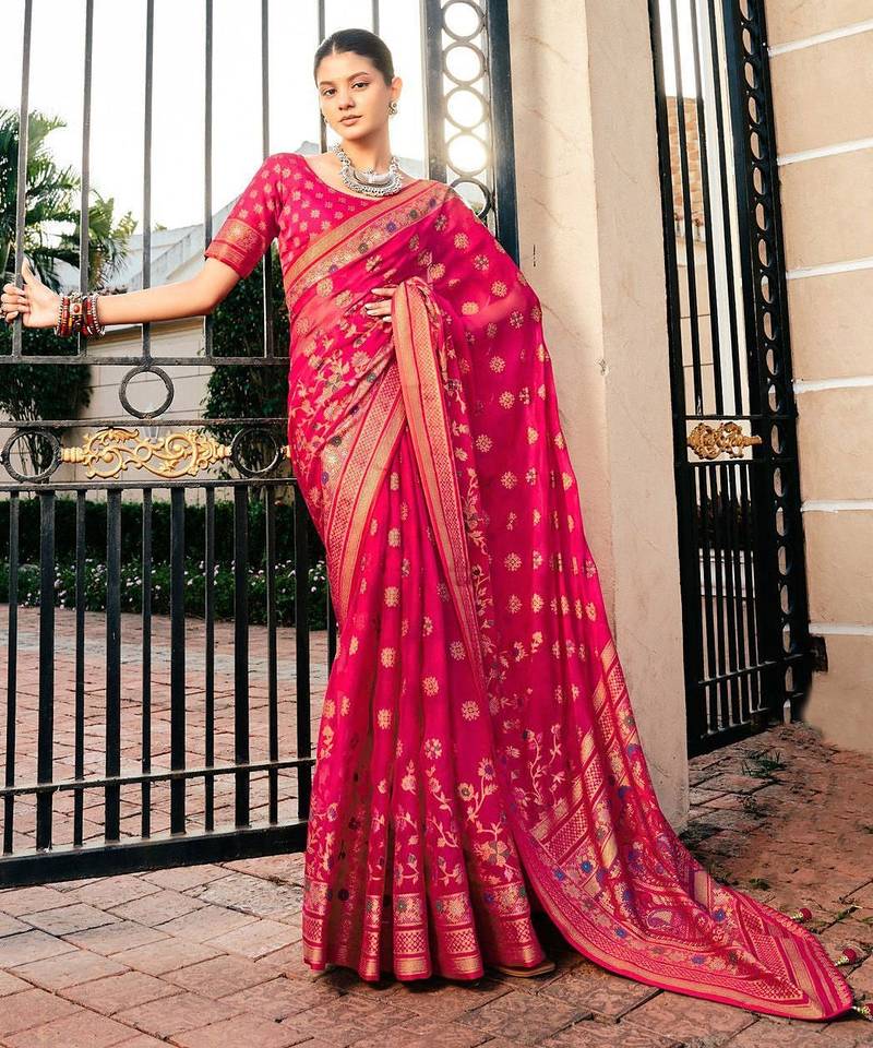 Pink floral zari poly georgette saree