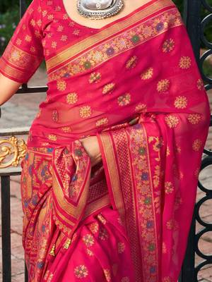 Pink floral zari poly georgette saree 4