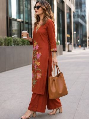 women floral embroidered regular thread work  cotton kurta with palazzos 1