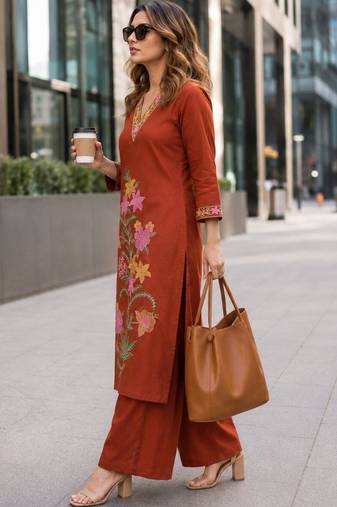 women floral embroidered regular thread work  cotton kurta with palazzos