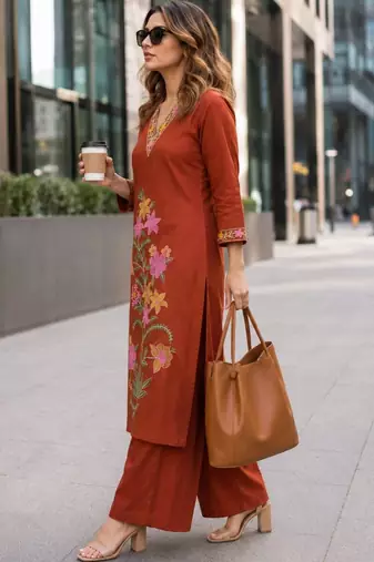 women floral embroidered regular thread work  cotton kurta with palazzos
