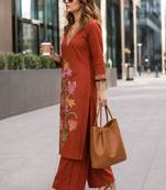 women floral embroidered regular thread work  cotton kurta with palazzos