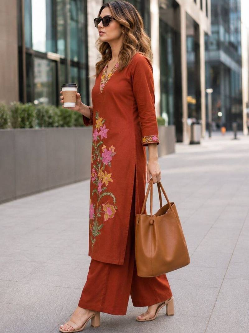 women floral embroidered regular thread work  cotton kurta with palazzos