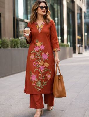 women floral embroidered regular thread work  cotton kurta with palazzos 2