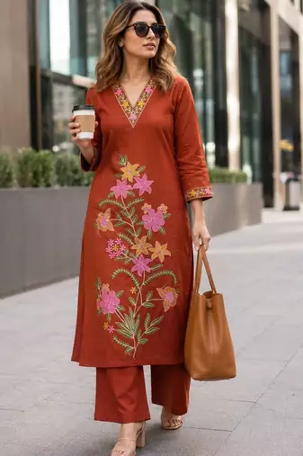 women floral embroidered regular thread work  cotton kurta with palazzos