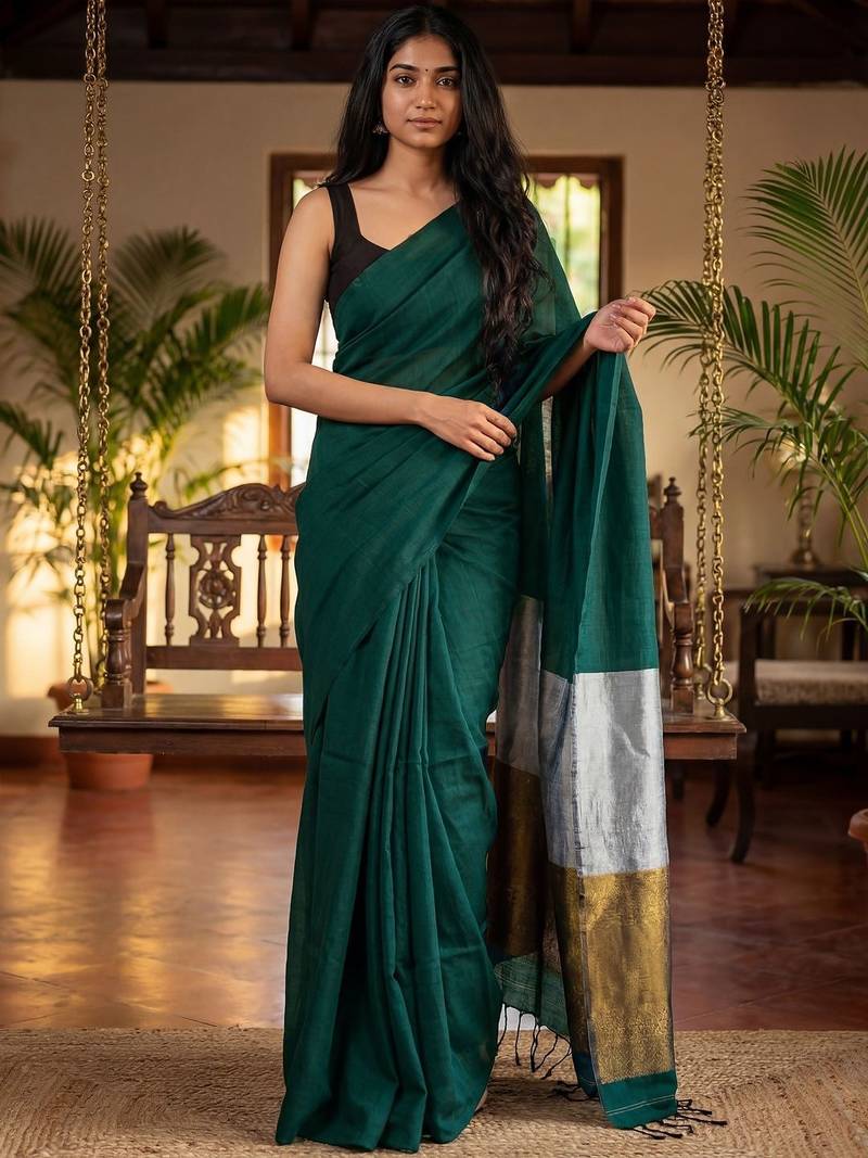 Teal zari  cotton khadi saree