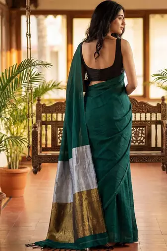 Teal zari  cotton khadi saree
