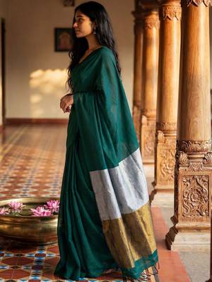 Teal zari  cotton khadi saree 3