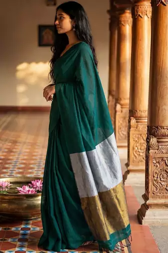 Teal zari  cotton khadi saree