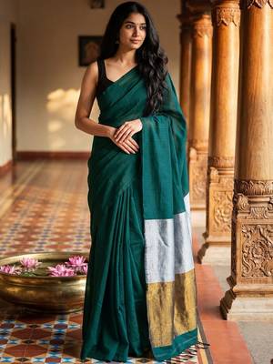 Teal zari  cotton khadi saree 4