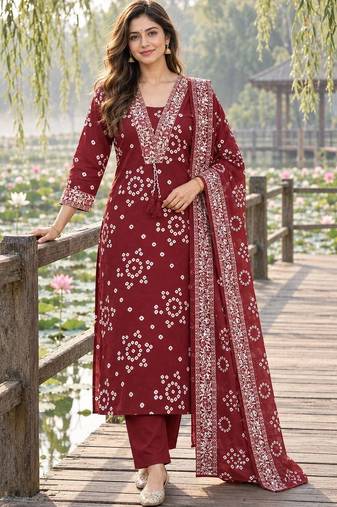 women ethnic motifs printed regular mirror work  cotton kurta with trousers & with dupatta