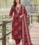 women ethnic motifs printed regular mirror work  cotton kurta with trousers & with dupatta