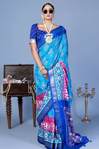 Blue ethnic motifs silk blend pochampally saree