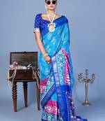 Blue ethnic motifs silk blend pochampally saree