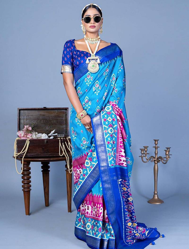 Blue ethnic motifs silk blend pochampally saree