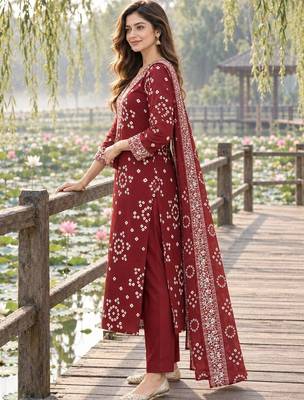 women ethnic motifs printed regular mirror work  cotton kurta with trousers & with dupatta 2