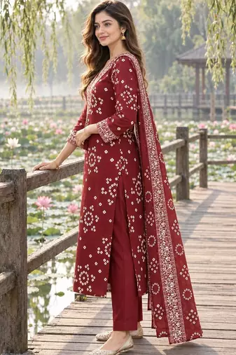 women ethnic motifs printed regular mirror work  cotton kurta with trousers & with dupatta