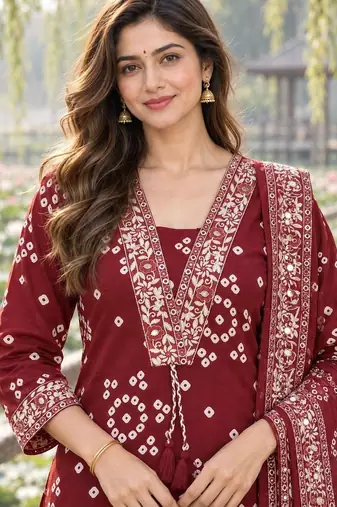 women ethnic motifs printed regular mirror work  cotton kurta with trousers & with dupatta