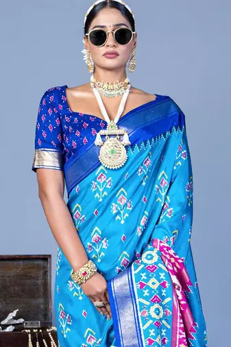 Blue ethnic motifs silk blend pochampally saree