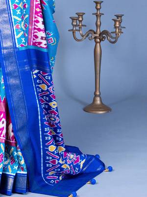 Blue ethnic motifs silk blend pochampally saree 5
