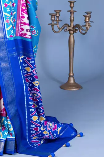 Blue ethnic motifs silk blend pochampally saree