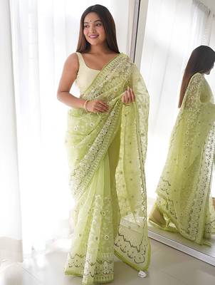 Green green & white floral embroidered organza saree 1