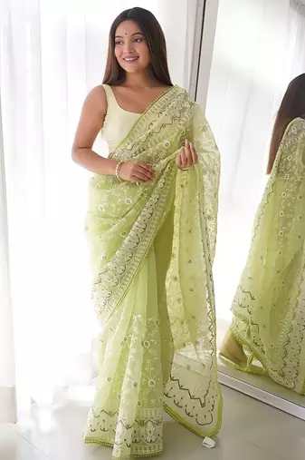 Green green & white floral embroidered organza saree