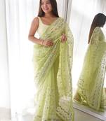 Green green & white floral embroidered organza saree