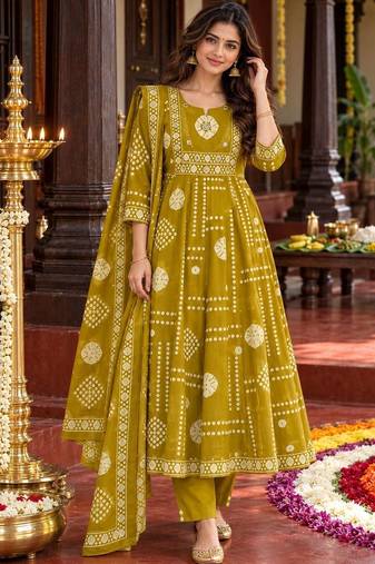 women printed empire mirror work  cotton kurta with trousers & with dupatta