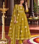 women printed empire mirror work  cotton kurta with trousers & with dupatta