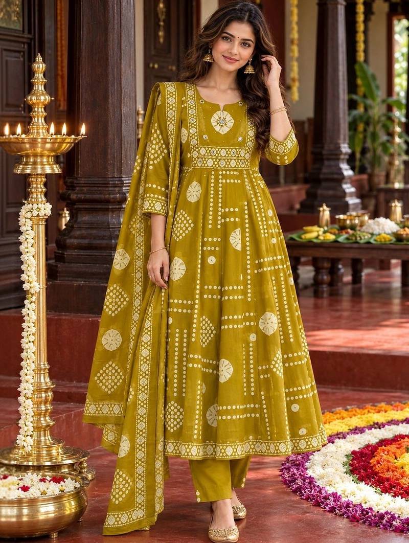 women printed empire mirror work  cotton kurta with trousers & with dupatta