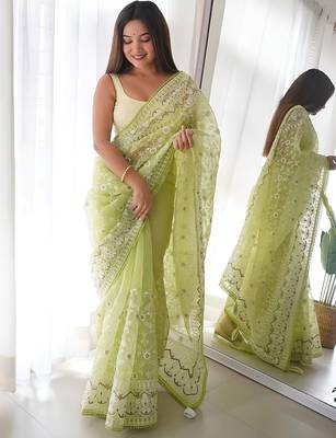Green green & white floral embroidered organza saree 2