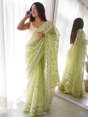 Green green & white floral embroidered organza saree 3