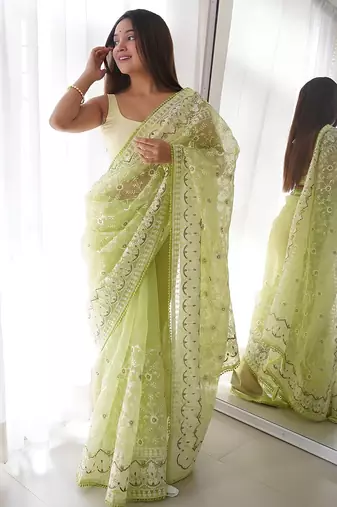 Green green & white floral embroidered organza saree