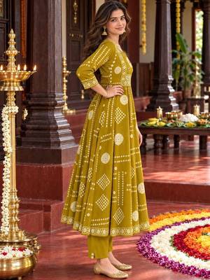 women printed empire mirror work  cotton kurta with trousers & with dupatta 2