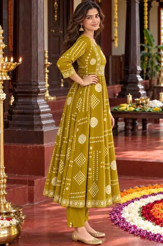 women printed empire mirror work  cotton kurta with trousers & with dupatta